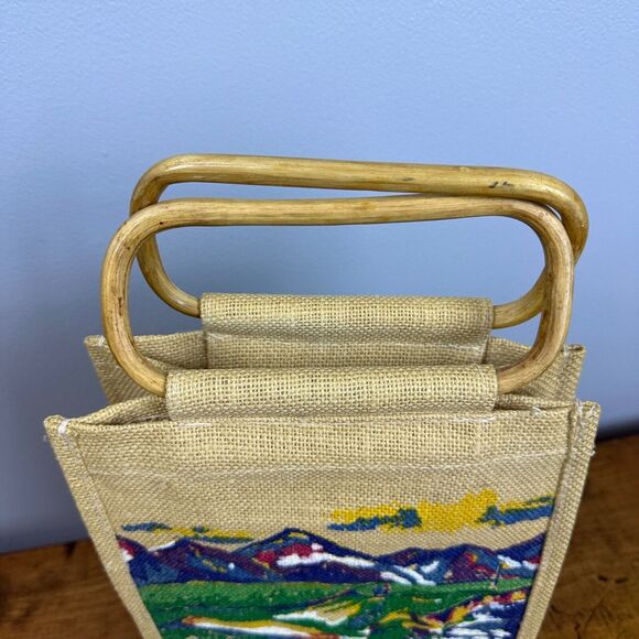 Mural Painted Canvas Tan Green Art Design‎ Tote Purse with Wooden Handles - Picture 2 of 7